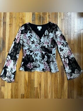 Silk Y2K Fairycore LOFT Black and Pink Floral V-Neck Peplum Blouse